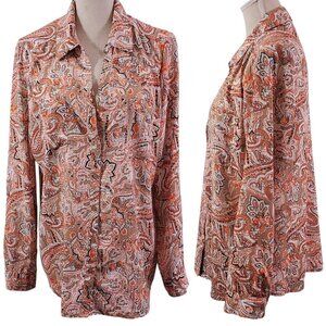NY Collection Paisley Print Roll Tab Sleeve V-Neck Women’s Shirt – Size Large
